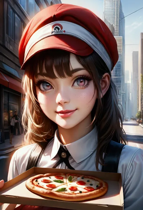 a beautiful young pizza delivery girl, 1girl, detailed facial features, red cap, beautiful eyes, detailed lips, long eyelashes, smiling, holding pizza box, outdoor urban setting, city street, skyscraper buildings, warm sunlight, photorealistic, 8k, highly ...