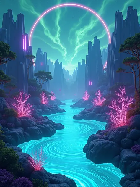 Futuristic healing oasis | tranquil lake glowing softly with bioluminescent ripples | surrounded by surreal, otherworldly plants and crystalline structures | sky illuminated by a network of radiant, flowing energy streams | organic shapes blending seamless...