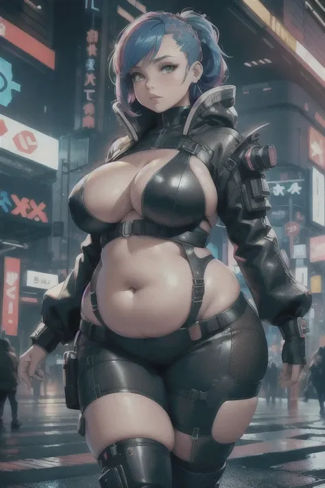 (Best quality), (high resolution), (detailed),1woman, curvy lady, thicc, chubby belly, futuristic style, future fashion, abstract fashion, (cyberpunk), colored hair