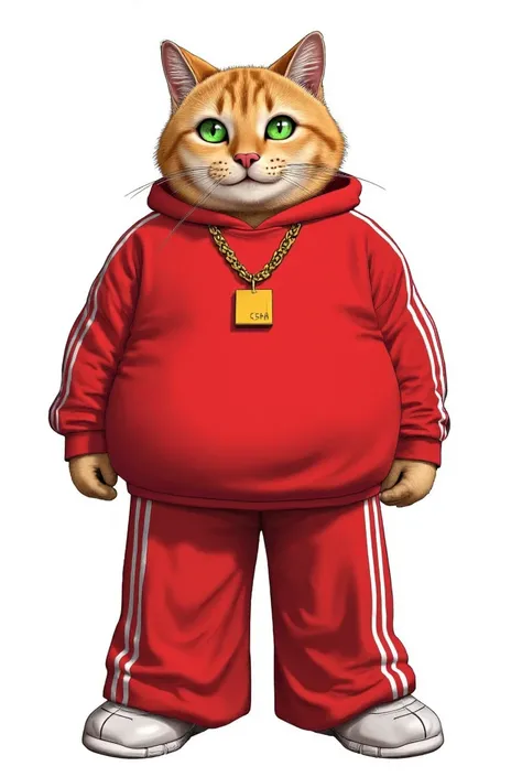 a fat Siberian cat rapper with bright green eyes, dressed in an oversize red hoodie and wide trousers with three stripes along the length, a thick gold chain around his neck, on a white background, a drawing in the style of comics