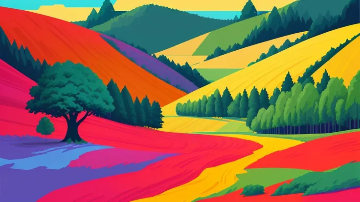 concept poster an Asian girl, looks lonely, trees and fields in the landscape background, digital artwork by tom whalen, bold lines, vibrant, saturated colors, wpap, WPAP style,detailed fac,Vibrant colors palettes, landscape photo, 16:9 size, full resoluti...