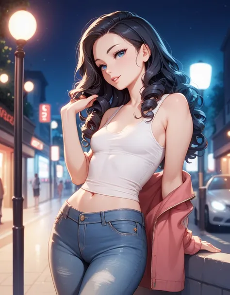 very sexy girl, long curly black hair, white tank top, denim miniskirt, small breasts, at night, on the city street
