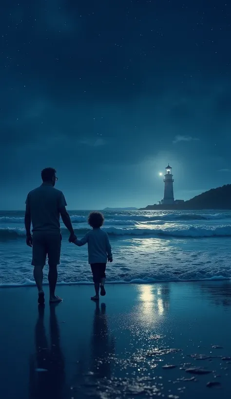 A night scene on the beach with a lighthouse shining brightly in the distance. A boy or girl walks hand in hand with his parents towards the light, while the sea reflects stars and hope. Realistic style