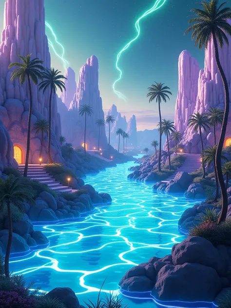 Futuristic healing oasis | tranquil lake glowing softly with bioluminescent ripples | surrounded by surreal, otherworldly plants and crystalline structures | sky illuminated by a network of radiant, flowing energy streams | organic shapes blending seamless...