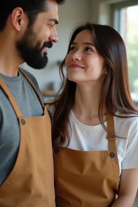 Now make an image of two parents, a lady with brown Chinese hair wearing an apron and a man with an apron, black hair and a beard with an apron, worried and next to them a very pretty 18-year-old girl with hazel eyes and brown hair with an apron smiling at...