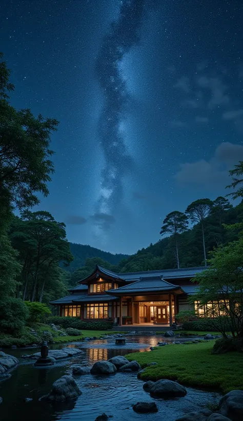 (night:1.2) big indoor Japanese garden with stones, bamboo, moss, and a small fountain or stone lantern
wide angle starry sky, dark