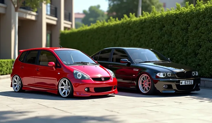 An image of a cherry red 2005 honda fit with star white rims next to a black bmw e46 sedan with a black and chrome wheels 