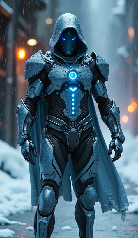 An ultra-realistic, original fusion of a cryogenic-themed hero and a dark, stealthy vigilante. The character is wearing a high-tech, futuristic suit that combines elements of cold, ice-based technology with the sleek, armored design of a stealthy hero. The...