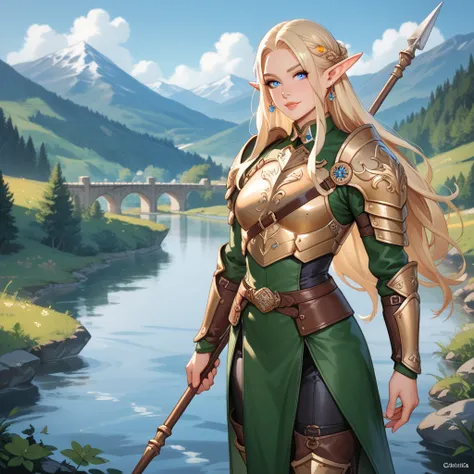 Anime art, 1 elf man, color correction, professional, river background, bridge between two mountains, standing in the river, elf ears, long hair, bright blond hair, blue eyes, leather chestplate, leather armored leggigns, green clothes under the armor, hol...