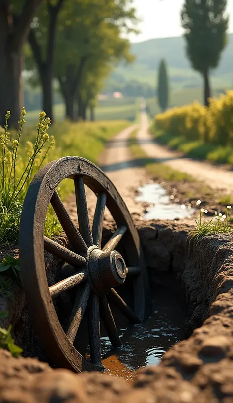 Close-up of a carriage wheel stuck in a pothole on a road in the French countryside