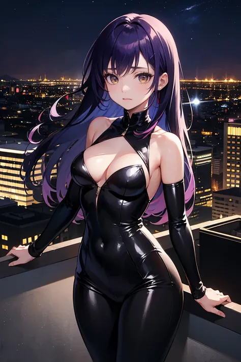  high resolution,  look at the audience,  masterpieces , Long hair,  purple hair,Golden eyes, Redhead,Shy,, the face of idleness, the bodysuit shows off the black shoulders., Highlight Blue Hair,Standing on the roof of a building ,Night,Starlight 