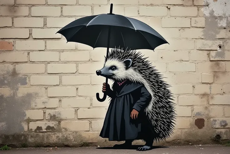 Banksy style mary poppins as a hedgehog

