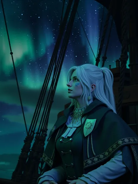 Character: A female figure, likely a captain or adventurer, stands on a ships deck, gazing out at a breathtaking northern lights display.
Appearance:
Hair: Long, straight, silvery-white hair pulled back into a neat ponytail. The hair seems to catch the lig...