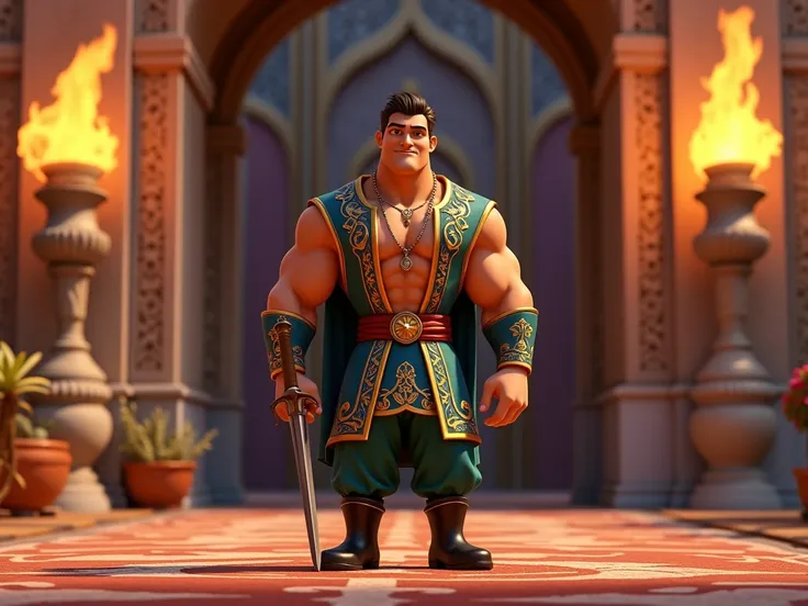 A royal figure (((Pixar style))) standing in an ornate architectural setting. The subject is a strong, muscular, light brown man with a very attractive and imposing appearance. He wears a richly decorated tunic with intricate blue and gold designs, paired ...