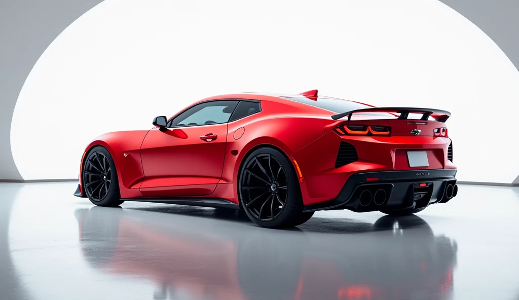 captivating image of a  2025 Chevy Camaro z28 stage in a luxurious white showroom. The futuristic, vibrant Red exterior gleams, showcasing its sleek, aerodynamic design and bold accents. The back view highlights the cutting-edge innovation and technology o...