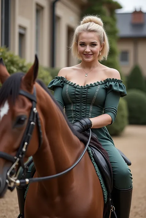 beautiful noble smirky smiling sadistic blond updo baroness sitting on a horse sidesaddle dressed in typical sidesaddle riding dress and riding boots holding  up a threatening riding whip  with a snap in the end, ground camera view looking up to her, outsi...