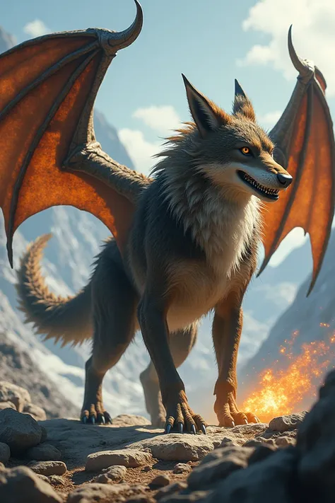 Dragon-Wolf Hybrid: A wolf with dragon wings and a fiery tail.