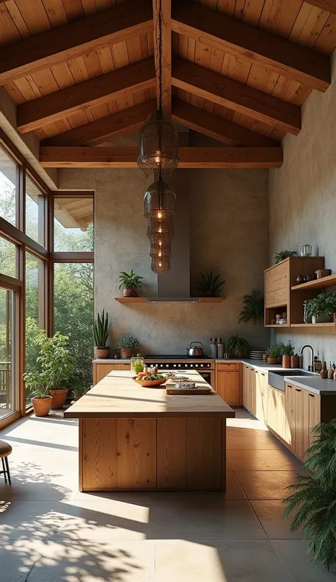 Large kitchen integrated with the rustic living room high ceiling
Plant pots
Cinuca table