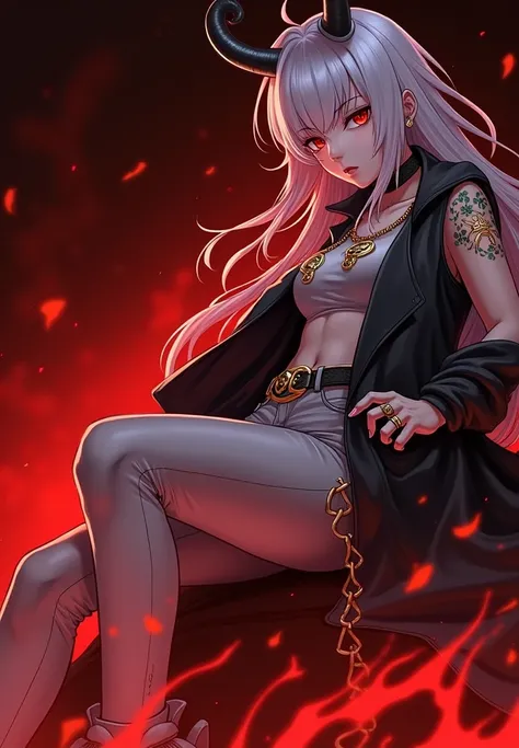 Descrição Resumida do Personagem mulher em Style Anime:**

- **Hair**:  Long and white , up to half the back.
- **Bright**:  Two curved horns emerge from the head .
- **First**: dark gray.
- **clothing**: shirt, tight white pants ;  golden tattoo on the to...