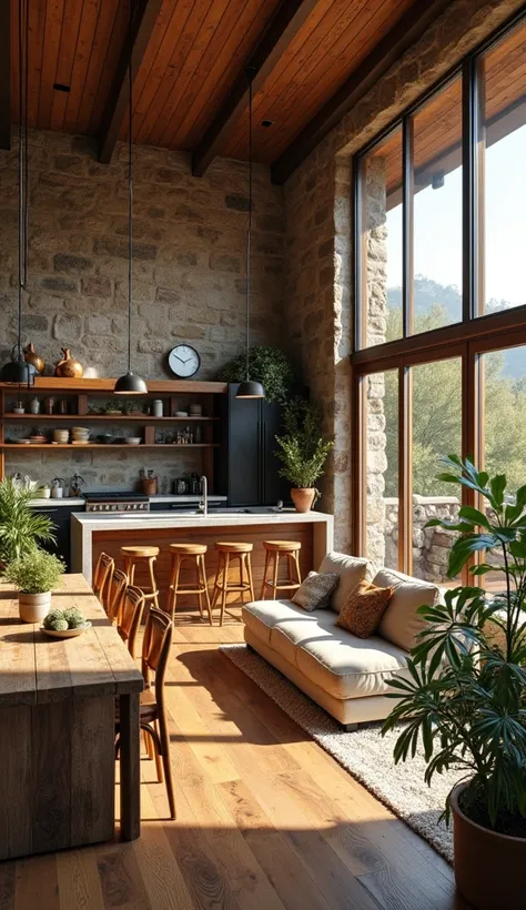 Large kitchen integrated with the rustic living room high ceiling
Rustic room with cinuca table
Plant pots
