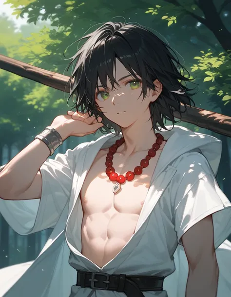 ((close up)), score_9, score_8_up, score_7_up, (solo), 1boy, staff, medium hair, black hair, green eyes, outdoor, white robe,  ((hands)), bracelet, belt, ((pose)), tree, open chest, red beads necklace
