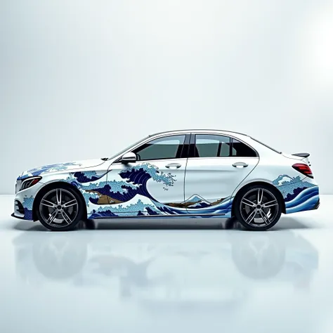 A side view of a 2019 Mercedes-Benz C-Class E200, customized with a traditional Japanese wave pattern inspired by Hokusais Great Wave. The car is white with intricate blue wave designs flowing across its body, creating a seamless and artistic appearance. T...