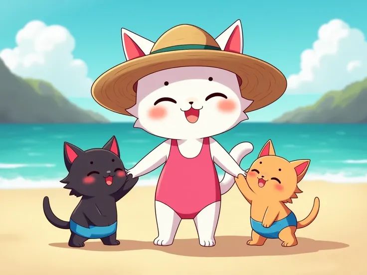 " A cheerful summer scene on the beach ,  with an anthropomorphic white-haired cat ,  wearing a pink swimsuit and a large straw hat .  She is holding the hands of two kittens : a black puppy with blue swim shorts and a light orange puppy, also with swim sh...