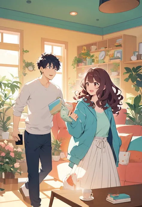 An anime-style illustration of a playful couple in a cozy living room. The guy, with short dark hair and wearing a hoodie, is holding his phone tightly against his chest, looking flustered and avoiding eye contact. The girl, with medium-length wavy hair an...