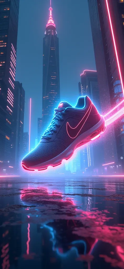 A Nike Air shoe glowing in a sleek futuristic cityscape, surrounded by neon-lit skyscrapers, soaring through the night sky with motion trails of light. Ultra-detailed, cinematic lighting, hyper-realistic textures