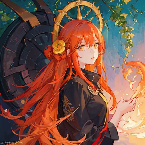 (masterpiece), best quality, expressive eyes, perfect face masterpiece, ultra detailed, high quality, 1girl, detailed lips, (solo), dark skin, fiery red hair, orange mixed with yellow tips, bangs, very_long_hair, similar to fire, fluffy hair, phoenix-like,...