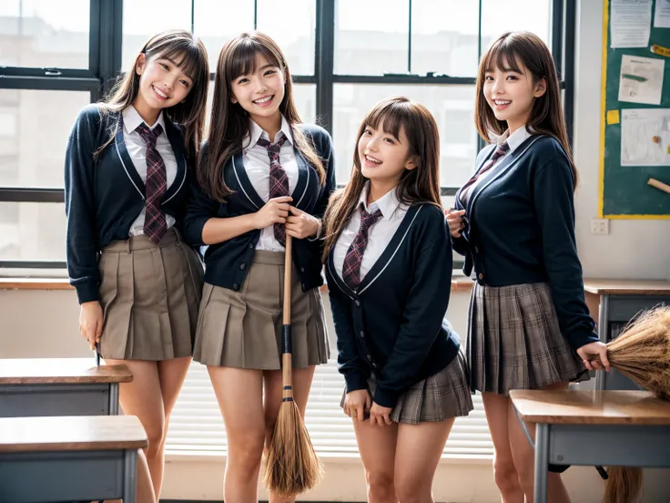  Masterpiece, best quality,8k resolution,  Its high definition ,   movie-like lighting  ,  octane rendering ,  super real , 4 creative high school girls in a school classroom ,(8 head and body ), Sexy latino   ,we are wearing a Japanese uniform with a plai...