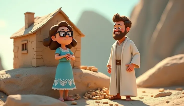  Cartoon character of a woman with sunglasses wearing modestly a sky blue dress with white lace ,   She is building a house on a big rock and next to her is a man in a white robe like that of Jesus and his hair is short, wavy light brown ,  he is smiling w...