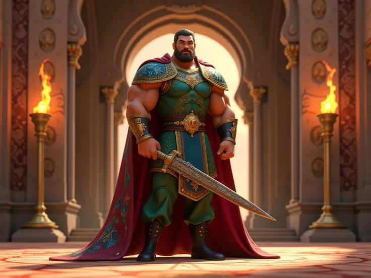 A royal man named Bijan (((Pixar style))) standing in an ornate architectural setting. The subject is a tall, strong, and imposing man with a very attractive, light brown complexion and a beard. He wears a richly decorated tunic with intricate blue and gol...