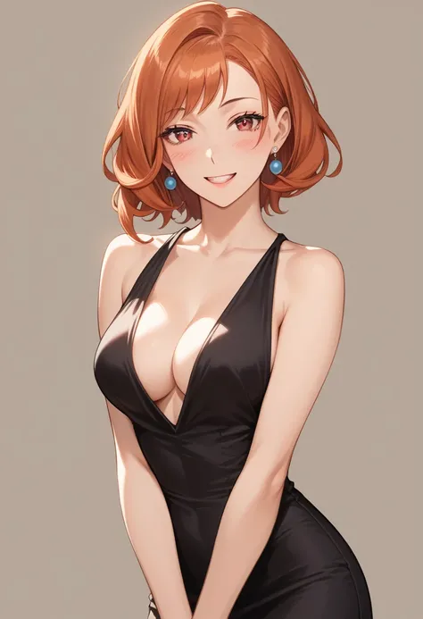 (score_9, score_8_up, score_7_up, score_6_up), anime, high res image, Beautiful girl with slim body, (masterpiece, detailed:1.2), (1girl:1.5), (red hair, short medium hair, bangs), (earrings), (dynamic poses), looking at viewer, (blushing red, relaxed, smi...