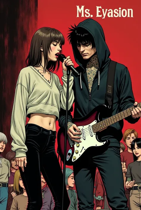 In the style of Junji Ito, Junji ito Manga type image, girl, Girl is the lead singer of a punk band, shes singing into a microphone, passionate, Long sleeve crop top sweater, black leggings,  medium length hair, brown hair, long bangs, boy in a black hoodi...