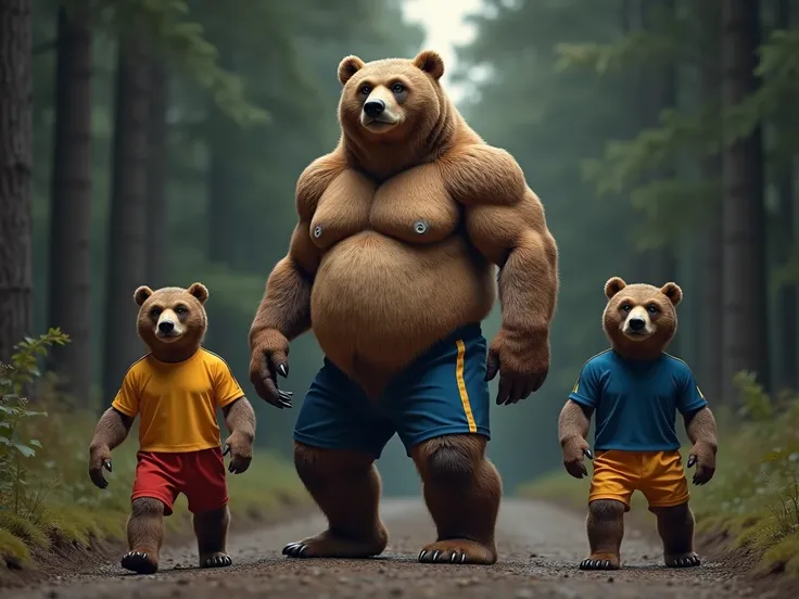 Serious athletic Papa humanoid bear walks on two hind legs in sports shorts and a sports shirt with two humanoid bears dressed in sports shorts and a sports shirt and walking on their hind legs against the background of the dark forest 