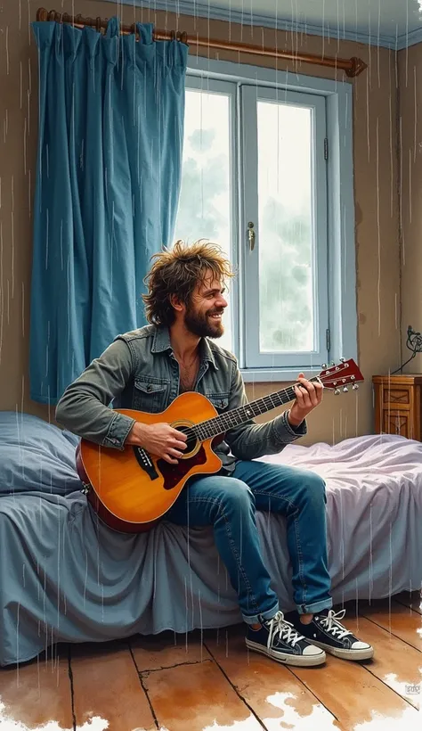 Watercolor painting of a rocker sitting on his bed playing the guitar in a humble room. Its raining inside the room, and the man is soaked. Raindrops flow down his face. Brushstrokes in a watercolor painting style.