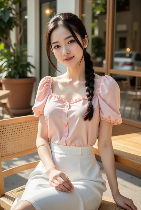 A cute and stylish Asian teenage girl sitting at an outdoor café table, wearing a flowy pastel pink blouse with puffed sleeves tucked into a high-waisted white midi skirt. She accessorizes with small pearl earrings and a delicate silver bracelet. Her hair ...