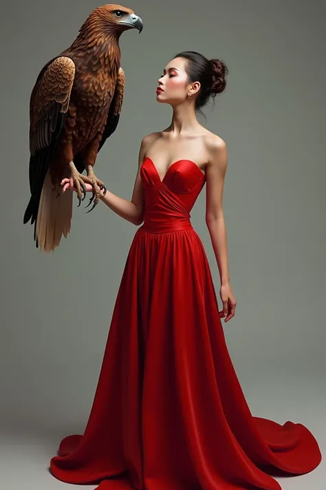 Create for me an image of an ultra realistic woman with an eagle in her hand this woman is wearing a long red dress