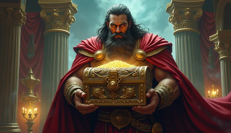  Hades and the Wealth of the Underworld :  Hades holding a treasure chest ,  symbolizing the role of the underworld as a source of wealth. Style: Luxurious art .