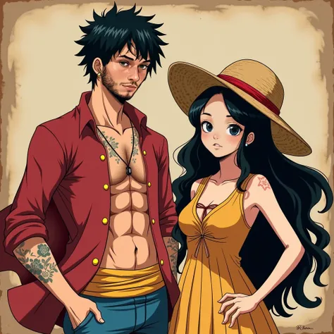 affiche wanted animé one piece avec un couple 20 ans , un homme petite barbe caucasien avec la tenue de luffy et un boucle doreille, des tatouages sur le bras gauche une spirale sur lepaule , un masque japonais sur le bras, une pokeball, et une femme métis...