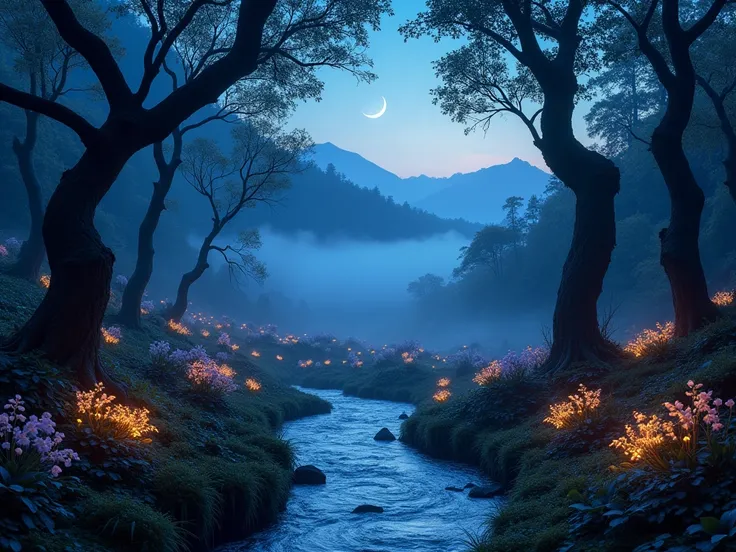 A surreal, twilight forest with glowing bioluminescent plants and trees, their branches twisting into the sky like ancient spirals. Misty mountains loom in the distance under a crescent moon, while a river of shimmering, liquid silver winds through the for...