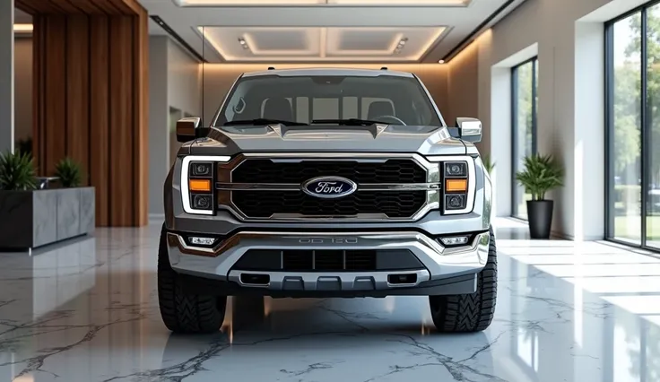 "Create a hyper-realistic image of the front view of the 2025 Ford F-150, positioned centrally in an upscale showroom. The truck should feature a bold, sleek front grille with white and subtle black accents, emphasizing its futuristic yet refined design. T...