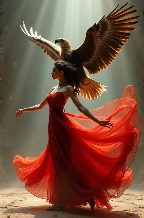 "An ultra-realistic image of a woman performing a sensual dance, wearing an elegant, flowing red gown that accentuates her movements. Above her neck, perched majestically on her head, is a regal eagle with sharp, piercing eyes and outstretched wings, exudi...