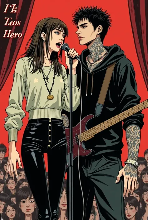 In the style of Junji Ito, Junji ito Manga type image, girl, Girl is the lead singer of a punk band, shes singing into a microphone, passionate, Long sleeve crop top sweater, black leggings,  medium length hair, brown hair, long bangs, boy in a black hoodi...