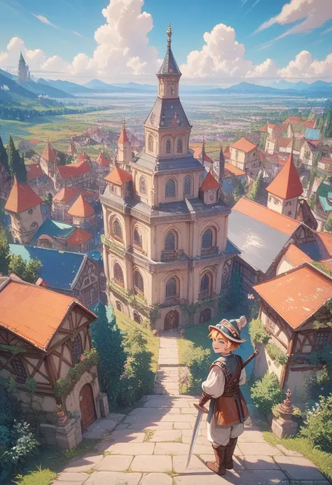 masterpiece,  best quality,  rating Explicit, 1 boy,Shota，  heterosexual lover,smile, high definition ， Extremely Aesthetic，8K resolution，Big city， medieval Europe ，adventure clothes，Adventurer，sword，Overlooking the city from the mountains ， Scenery，