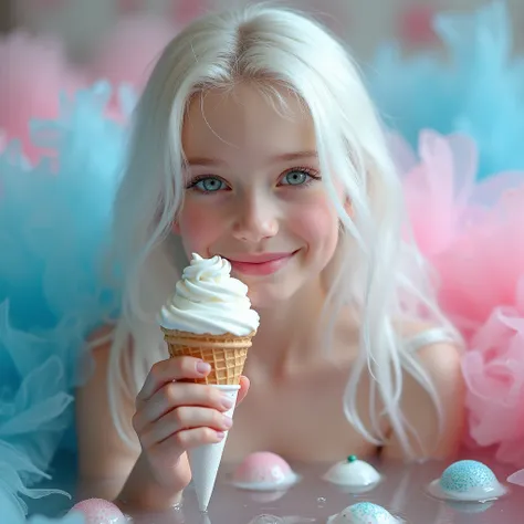 Real photo half sitting with delicate wool near the face, full body submerged sideways in water on the face with a happy expression when trying whipped cream and ice cream , Beautiful  girl , fair skin long white hair, bright ethereal blue eyes pink eyelin...