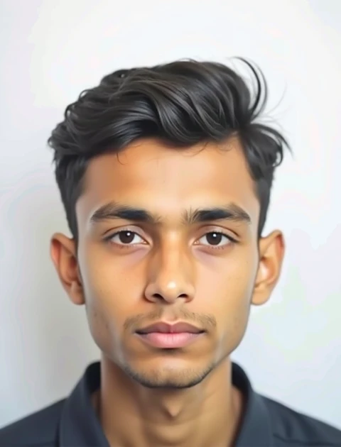 A Passport size photo of a Bangladeshi 22-year-old boy with a white board behind, his face is illuminated by the lights used with the camera, and the boy casts a dim shadow on the board.There was no smile on his face.