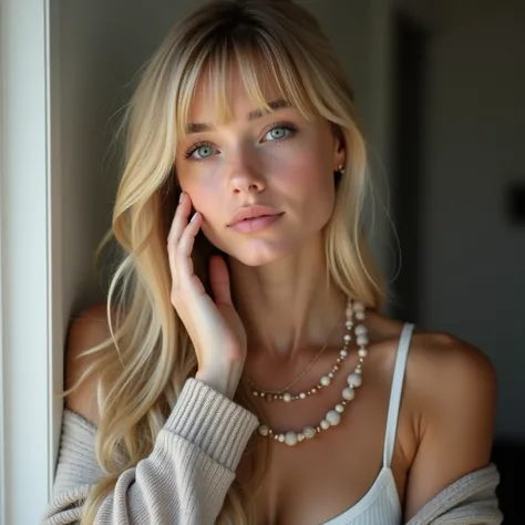 Gorgeous adult woman, Long neck, Long blonde hair, bangs, Perfect Eyes Eyes, Soft Light, high quality, 4K resolution, Casual clothing, Beaded Necklaces, knit cardigan, View your viewers, Place your left hand on your left cheek and think.