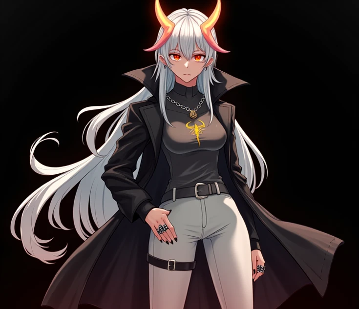 Descrição Resumida do Personagem mulher em Style Anime:**

- **Hair**:  Long and white , up to half the back.
- **Bright**:  Two curved horns emerge from the head .
- **First**: dark gray.
- **clothing**: shirt, tight white pants ;  golden tattoo on the to...